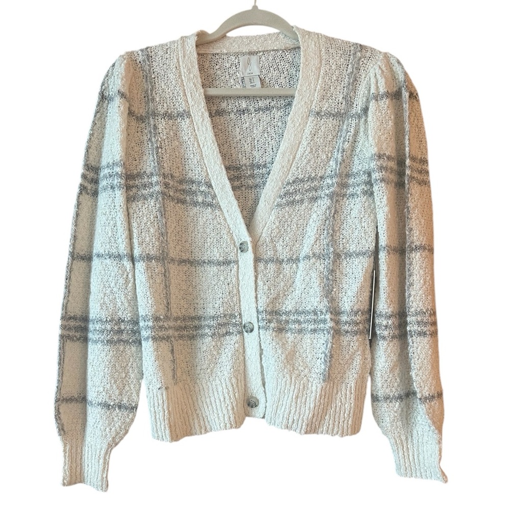 Joie Windowpane Striped Cardigan Cream and Grey Cotton Blend Size S New with Tag